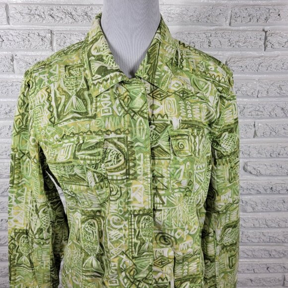 Chicos Womens Top 3 Standard XL Shacket Green Geometric Cotton Blend SWE67E - Picture 3 of 10